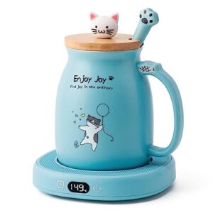 bsigo coffee mug warmer & cute cat mug set, candle mug warmer for home & office, electric smart coffee warmer for desk, beverage tea coffee cup warmer with 3-temp settings, 8h auto shut off, blue