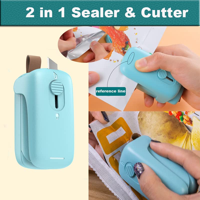 Mini Bag Sealer, Mini bag sealer heat seal,Bag Sealers,Handheld Heat Vacuum Sealer, 2 in 1 Heat Sealer and Cutter with Lanyard, Portable Bag Resealer Machine for Plastic Bags Food Storage Snacks Freshness (2xAA Batteries Included)-Green