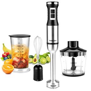 TUMIDY Immersion Blender Handheld 4 in 1 Hand Blender 500W Stepless Speed Stick Blender with Stainless Steel Blades, 750ml Chopper, 1000ml Chopper with Lid, Egg Whisk for Smoothie, Baby Food, Sauces