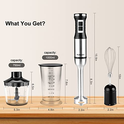 TUMIDY Immersion Blender Handheld 4 in 1 Hand Blender 500W Stepless Speed Stick Blender with Stainless Steel Blades, 750ml Chopper, 1000ml Chopper with Lid, Egg Whisk for Smoothie, Baby Food, Sauces