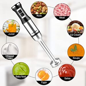 TUMIDY Immersion Blender Handheld 4 in 1 Hand Blender 500W Stepless Speed Stick Blender with Stainless Steel Blades, 750ml Chopper, 1000ml Chopper with Lid, Egg Whisk for Smoothie, Baby Food, Sauces