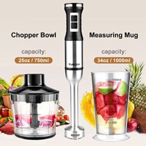 TUMIDY Immersion Blender Handheld 4 in 1 Hand Blender 500W Stepless Speed Stick Blender with Stainless Steel Blades, 750ml Chopper, 1000ml Chopper with Lid, Egg Whisk for Smoothie, Baby Food, Sauces