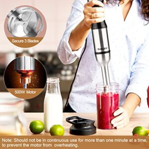 TUMIDY Immersion Blender Handheld 4 in 1 Hand Blender 500W Stepless Speed Stick Blender with Stainless Steel Blades, 750ml Chopper, 1000ml Chopper with Lid, Egg Whisk for Smoothie, Baby Food, Sauces