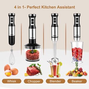 TUMIDY Immersion Blender Handheld 4 in 1 Hand Blender 500W Stepless Speed Stick Blender with Stainless Steel Blades, 750ml Chopper, 1000ml Chopper with Lid, Egg Whisk for Smoothie, Baby Food, Sauces