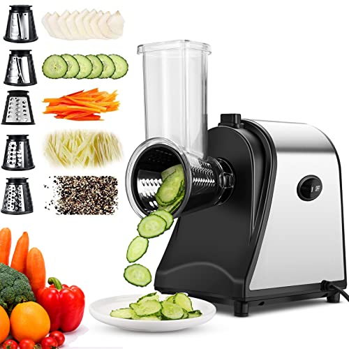 250W Electric Cheese Grater, 5 In 1 Professional Cheese Grater Electric Slicer/Shredder for Veggies, Electric Cheese Grater for Block Cheese Salad Maker, Shredded Carrot, Zucchini, Upgraded Version