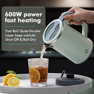 Mini Electric Kettle, 0.8L Portable Travel Tea Kettle Stainless Steel Double Layer Hot Water Cordless BPA-Free, 600 W Boil-Dry Protection Boiler and Heater Brand: NARBOR, green