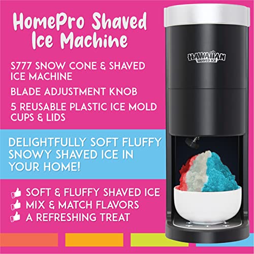 Hawaiian Shaved Ice S777 HomePro Shave Ice Machine With 3 Flavor Snow Cone Syrup Pack Including Party Ready Accessories