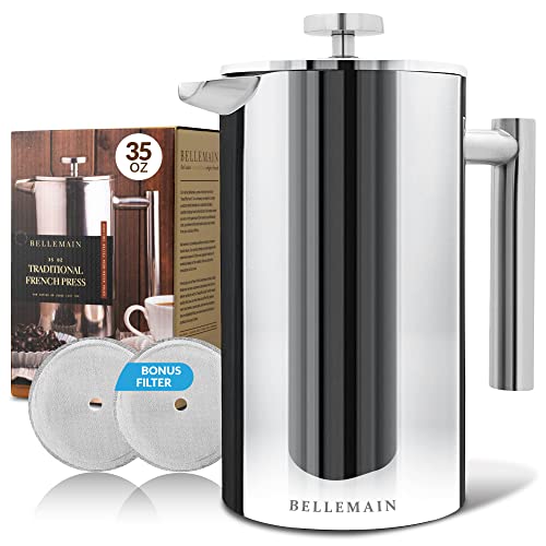 Bellemain French Press Coffee Maker Extra Filters Included, 35 oz, Stainless Steel