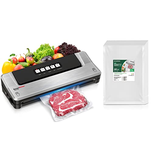 Bonsenkitchen Dry/Moist Vacuum Sealer Machine with 5-in-1 Easy Options for Sous Vide and Food Storage, Air Sealer Machine with 5 Vacuum Seal Bags & 1 Air Suction Hose, Silver