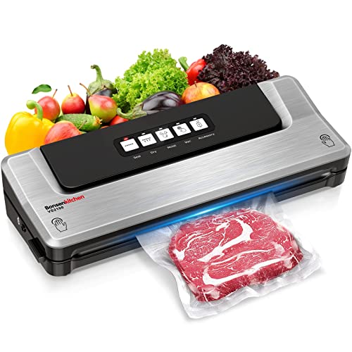 Bonsenkitchen Dry/Moist Vacuum Sealer Machine with 5-in-1 Easy Options for Sous Vide and Food Storage, Air Sealer Machine with 5 Vacuum Seal Bags & 1 Air Suction Hose, Silver