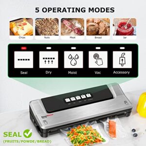 Bonsenkitchen Dry/Moist Vacuum Sealer Machine with 5-in-1 Easy Options for Sous Vide and Food Storage, Air Sealer Machine with 5 Vacuum Seal Bags & 1 Air Suction Hose, Silver