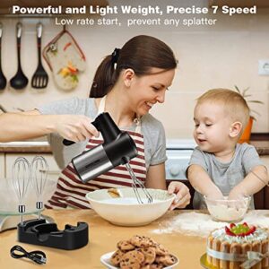 Rechargeable Cordless Hand Mixer Electric - 7 Speed Electric Handheld Mixer with Storage Base, Digital Screen, 4 Stainless Steel Accessories for Easy Whipping, Mixing Batters, Dough, Cookies, Cakes