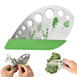 leaf herb stripper, stainless steel kitchen herb stripper tool, 9holes, 2 in 1 design,curved edge can be used as a kitchen knifefor chard, collard greens, parsley, basil, rosemary herb, taragon, thym