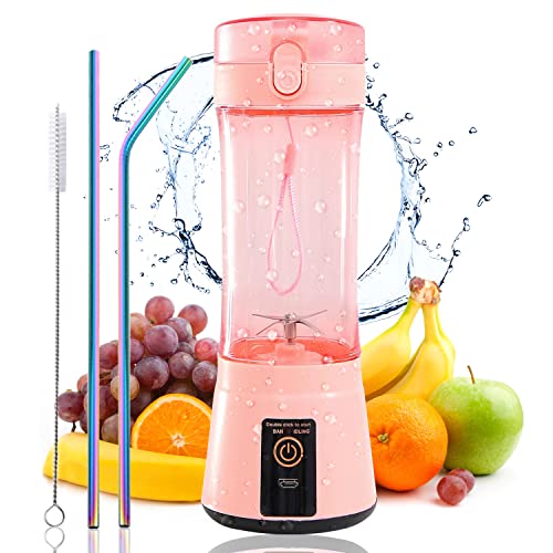 13.5oz Portable Blender Smoothies Personal Blender Mini Shakes Juicer Cup for home，office，Outdoors.Multi-purpose USB Rechargeable Blender with Protection Design (pink)