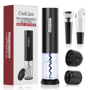 electric wine bottle opener, cielclair 6-in-1 rechargeable automatic corkscrew wine opener set with foil cutter, wine pourer, wine vacuum stopper, mini champagne stopper, reusable wine gifts, black