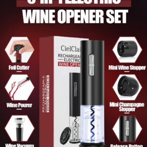 Electric Wine Bottle Opener, CielClair 6-in-1 Rechargeable Automatic Corkscrew Wine Opener Set with Foil Cutter, Wine Pourer, Wine Vacuum Stopper, Mini Champagne Stopper, Reusable Wine Gifts, Black