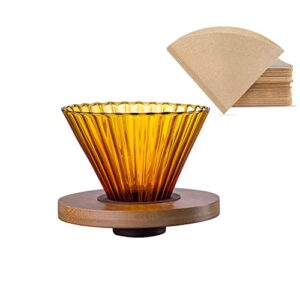 sunormi orange glass pour over coffee dripper with wooden base stand,1-3 cups coffee cone filter with 40pcs paper filters