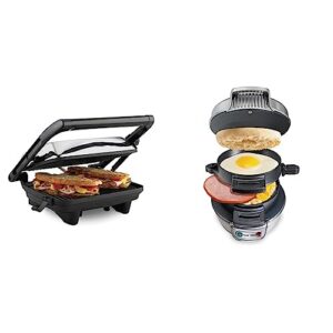 hamilton beach electric panini press grill with locking lid, opens 180 degrees & breakfast sandwich maker with egg cooker ring, customize ingredients