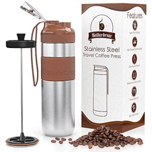betterbrew travel french press coffee maker | portable insulated coffee press with plunger for travel, commuting and outdoors | stainless steel cup for proper coffee to go! (13 oz)