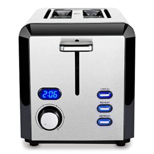 toaster 2 slice stainless steel digital toaster with countdown timer, easy to use, 800w, 6 toast settings, reheat, defrost, cancel functions, removable crumb tray, extra wide slots bread toaster