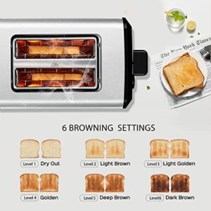 Toaster 2 Slice Stainless Steel Digital Toaster with Countdown Timer, Easy to Use, 800W, 6 Toast Settings, Reheat, Defrost, Cancel Functions, Removable Crumb Tray, Extra Wide Slots Bread Toaster