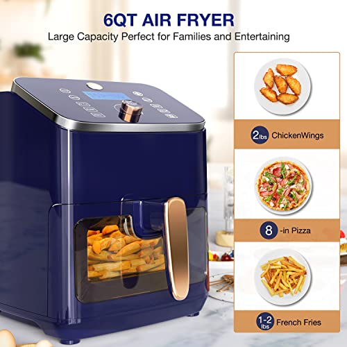 JOY Kitchen Digital Air Fryer with Viewing Window, 6 Cooking Settings, Shake Alert, Auto Shut Off, and Removable Non-Stick Fry Basket & Cooking Bowl, 6 Quart, 1300 Watts, Navy