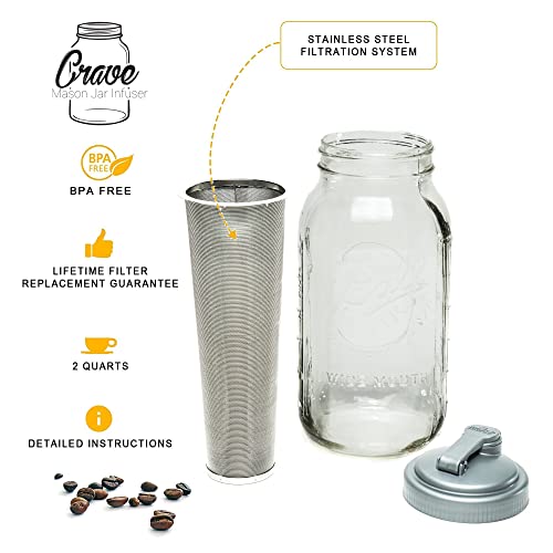 Crave Cold Brew Coffee Maker with American made Flip Cap Lid and 2 Quart Glass Mason Jar, Pour Spout, and Stainless Steel Filter. Perfect for Coffee, Tea, and Water Infusions