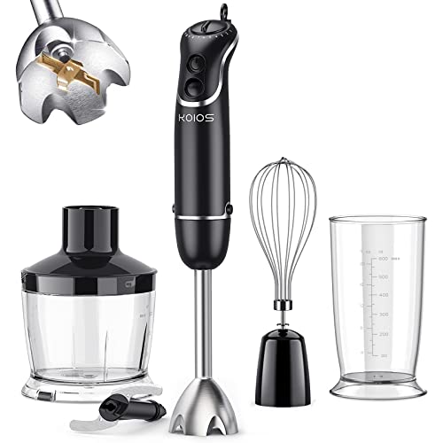 KOIOS 800-Watt/ 12-Speed Immersion Hand Blender(Titanium Reinforced), Turbo for Finer Results, 4-in-1 Set Includes BPA-Free Food Chopper / Egg Beater / Beaker, Ergonomic Grip, Detachable