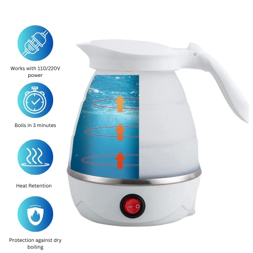 Travel Collapsible Electric Kettle with Collapsible Cup - Portable Foldable Small Electric Kettle with Quick Boiling Water Tech, BPA Free, 110V Voltage, US Plug, 600ML (White & Blue)