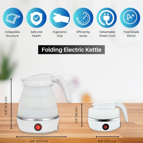Travel Collapsible Electric Kettle with Collapsible Cup - Portable Foldable Small Electric Kettle with Quick Boiling Water Tech, BPA Free, 110V Voltage, US Plug, 600ML (White & Blue)
