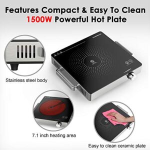 Hot Plate Electric Single Burner 1500W Portable Burner for Cooking with Adjustable Temperature & Stay Cool Handles, Non-Slip Rubber Feet, Stainless Steel Easy To Clean, Compatible for All Cookwares (Grey)