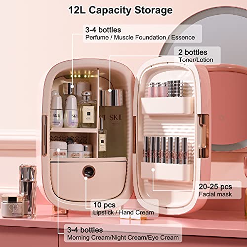 Cosy Life Skincare Fridge 12 Liter, Beauty Fridge for Comestic storage 10°C/50°F + Intelligent Constant Temperature Control Mini Fridge, Pink Cosmetics Refrigerator Compact Fridge for Makeup Lipstick