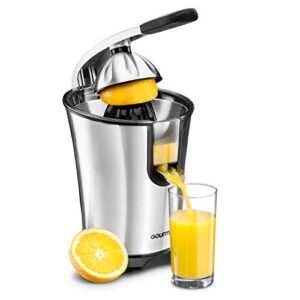 gourmia epj100 electric citrus juicer stainless steel 10 qt 160 watts rubber handle and cone lid for easy use one-size-fits-all juice cone for easy storage. - 110v