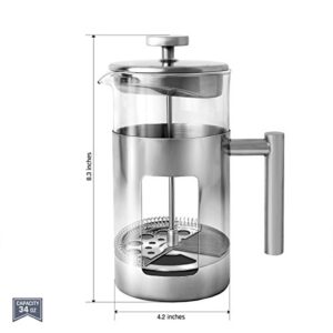 Rodolffo French Press Coffee Maker 34 Ounce with Stainless Steel 18/8 incudes Borosilicate Glass Cup & Stainless Steel Strainer. Creates Exceptional Taste & Purity. Enjoy Perfect Coffee