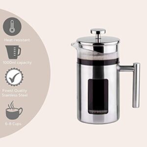 Rodolffo French Press Coffee Maker 34 Ounce with Stainless Steel 18/8 incudes Borosilicate Glass Cup & Stainless Steel Strainer. Creates Exceptional Taste & Purity. Enjoy Perfect Coffee