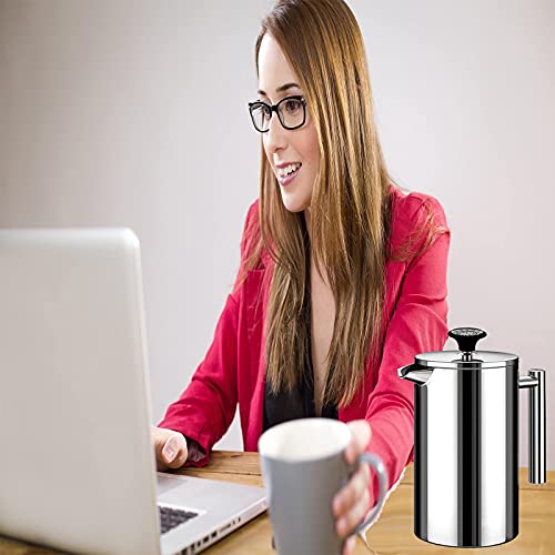 BAERFO French Press Coffee Maker, 304 Grade Stainless Steel Insulated Coffee Press with 2 Extra Screens with 1 Thermometer, 34oz (1 Litre), Silver