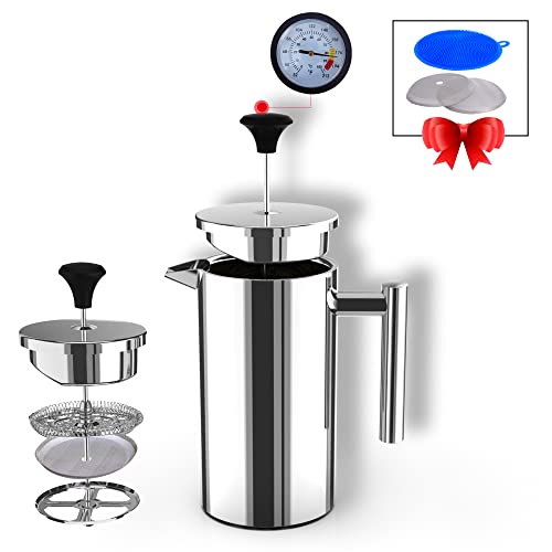 BAERFO French Press Coffee Maker, 304 Grade Stainless Steel Insulated Coffee Press with 2 Extra Screens with 1 Thermometer, 34oz (1 Litre), Silver