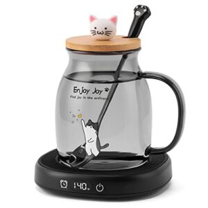 bsigo smart coffee mug warmer & cute cat glass mug set, beverage warmer for desk office, cup warmer plate for milk tea water with time & temperature setting(up to 140℉/ 60℃), 8h auto shut off, grey