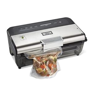 weston brands wet & dry vacuum sealer machine with date code stamp & built-in cutter, 2 roll storage & starter kit, pulse button for delicate food, black (65-1601-w)