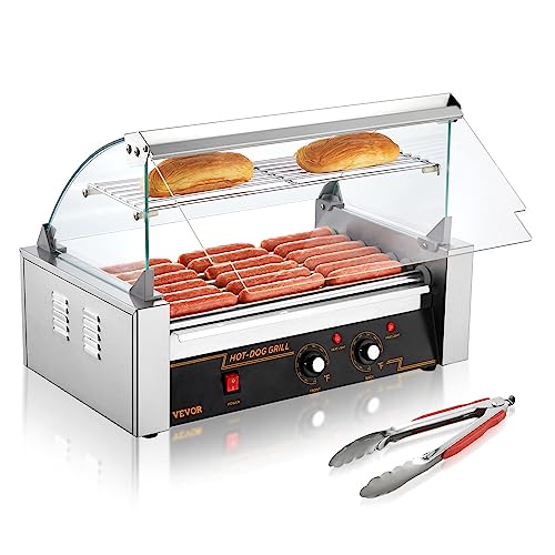 VEVOR Hot Dog Roller 7 Rollers 18 Hot Dogs Capacity 1050W Stainless Sausage Grill Cooker Machine with Dual Temp Control Glass Hood Acrylic Cover Bun Warmer Shelf Removable Oil Drip Tray, ETL Certified