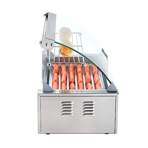 VEVOR Hot Dog Roller 7 Rollers 18 Hot Dogs Capacity 1050W Stainless Sausage Grill Cooker Machine with Dual Temp Control Glass Hood Acrylic Cover Bun Warmer Shelf Removable Oil Drip Tray, ETL Certified