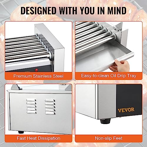 VEVOR Hot Dog Roller 7 Rollers 18 Hot Dogs Capacity 1050W Stainless Sausage Grill Cooker Machine with Dual Temp Control Glass Hood Acrylic Cover Bun Warmer Shelf Removable Oil Drip Tray, ETL Certified