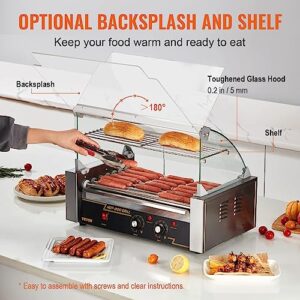 VEVOR Hot Dog Roller 7 Rollers 18 Hot Dogs Capacity 1050W Stainless Sausage Grill Cooker Machine with Dual Temp Control Glass Hood Acrylic Cover Bun Warmer Shelf Removable Oil Drip Tray, ETL Certified