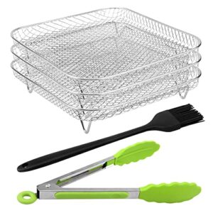 8" air fryer rack for air fryer, stainless steel three-layer air flow rack with rus-tproof oil brush food clip,air fryer accessories fit all 5.8qt - 6qt air fryer(silver)