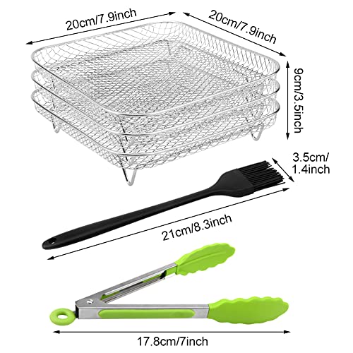 8" Air Fryer Rack for Air Fryer, Stainless Steel Three-Layer Air Flow Rack with Rus-tproof Oil Brush Food Clip,Air Fryer Accessories Fit All 5.8QT - 6QT Air Fryer(Silver)