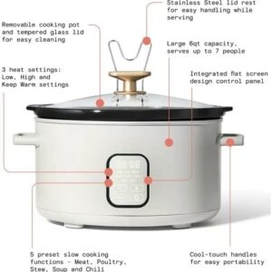 Touchscreen Slow Cooker, Kitchenware by Drew Barrymore 6QT Programmable Cooker with Touch-Activated Display (White Icing)