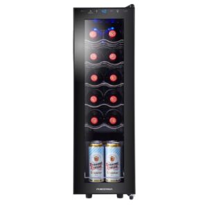 phiestina wine cooler, freestanding wine fridge holds 12 bottles, small wine refrigerator for home bar with digital temperature control, glass front doors and interior lighting
