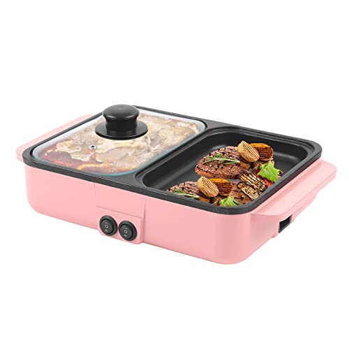 SNKOURIN Hot Pot with Grill,2 in 1 Indoor Non-Stick Electric Hot Pot and Frying Pan,Independent Temperature Control,Portable Multifunctional Smokeless Korean BBQ Grill for Indoor Outdoor Party (Pink)