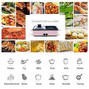 SNKOURIN Hot Pot with Grill,2 in 1 Indoor Non-Stick Electric Hot Pot and Frying Pan,Independent Temperature Control,Portable Multifunctional Smokeless Korean BBQ Grill for Indoor Outdoor Party (Pink)