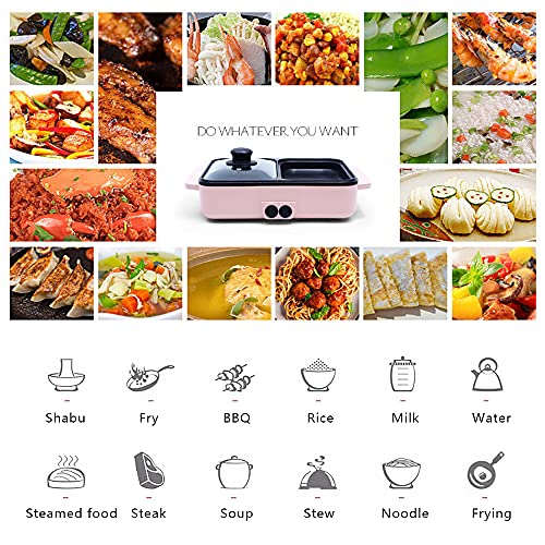 SNKOURIN Hot Pot with Grill,2 in 1 Indoor Non-Stick Electric Hot Pot and Frying Pan,Independent Temperature Control,Portable Multifunctional Smokeless Korean BBQ Grill for Indoor Outdoor Party (Pink)